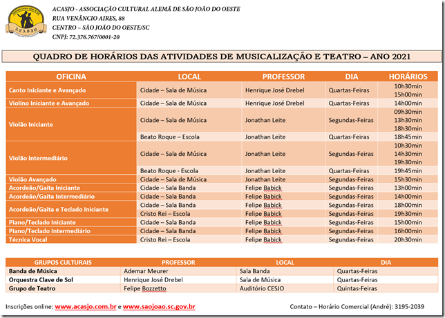 Quadro de Horários 2021 Quadro de Horários 2021